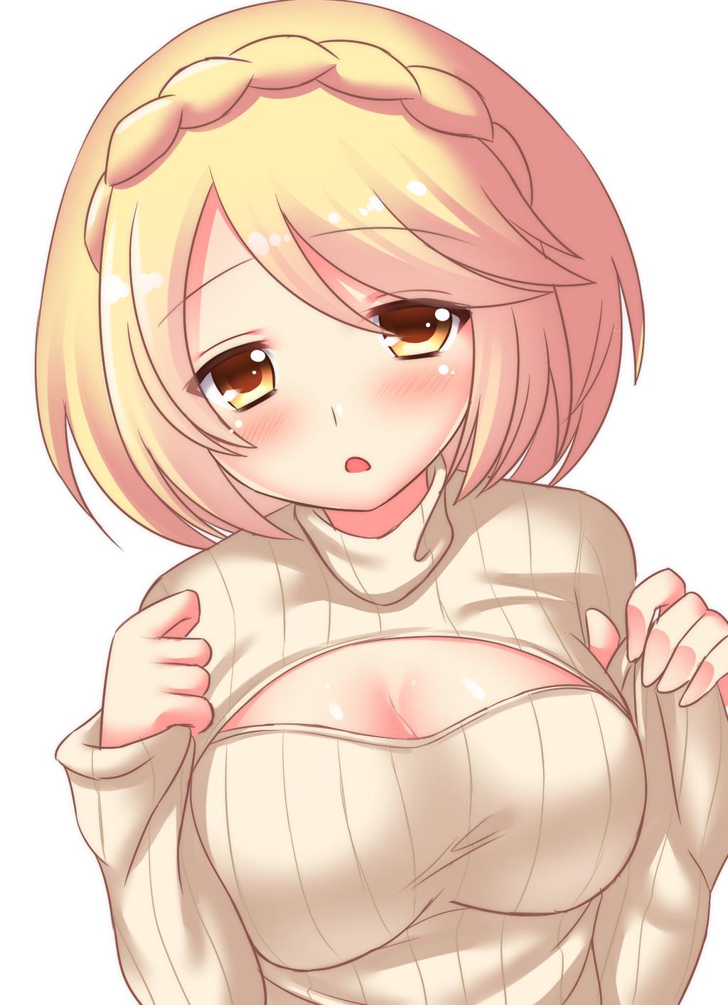 1girl, bad_id, bad_pixiv_id, beige_sweater, bemani, blonde_hair, blush, braid