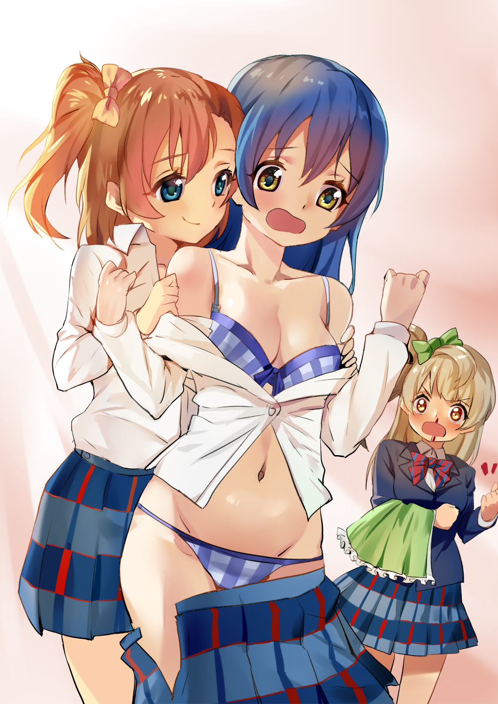10s, 3girls, bad_id, bad_pixiv_id, blazer, blood, blue_eyes, blue_hair, bow, bra, breasts, brown_eyes, brown_hair, cleavage, groin, hair_bow, hair_ribbon, highres, jacket, kosaka_honoka, long_hair, love_live!, love_live!_school_idol_project, medium_breasts, minami_kotori, multiple_girls, navel, nosebleed, open_mouth, panties, plaid_bra, plaid_clothes, plaid_panties, plaid_skirt, pleated_skirt, ribbon, school_uniform, short_hair, shovelwall, shovelwell, side_ponytail, skirt, smile, sonoda_umi, underwear, undressing, yellow_eyes, yuri
