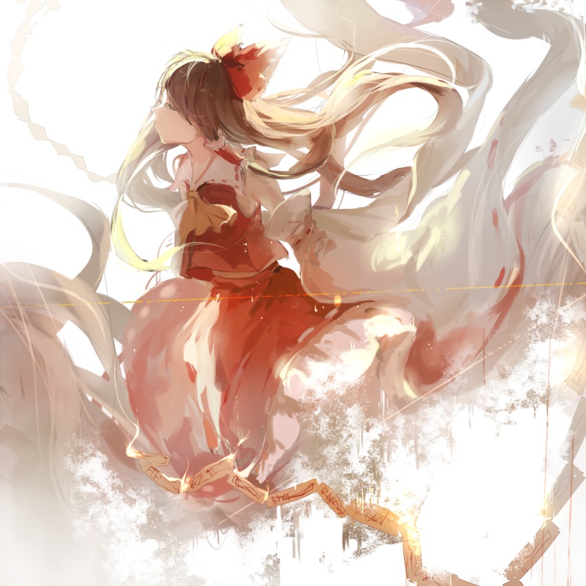 1girl, ascot, backlighting, bow, brown_hair, closed_eyes, detached_sleeves, female_focus, gennnwa, hair_bow, hair_tubes, hakurei_reimu, long_hair, no_legs, red_skirt, ribbon-trimmed_skirt, ribbon-trimmed_sleeves, ribbon_trim, sketch, skirt, sleeveless, solo, talisman, touhou, xjpgc123