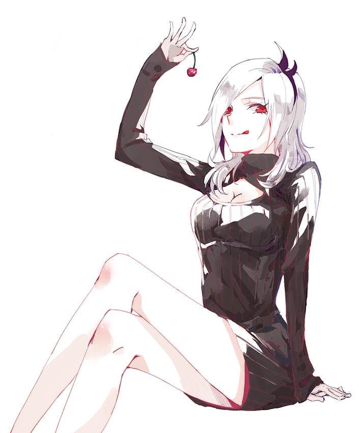 00s, 1girl, areazero, breasts, cherry, cleavage, cleavage_cutout, clothing_cutout, eas_(precure), female_focus, food, fresh_precure!, fruit, higashi_setsuna, long_hair, medium_breasts, open-chest_sweater, precure, red_eyes, ribbed_sweater, silver_hair, solo, sweater, turtleneck