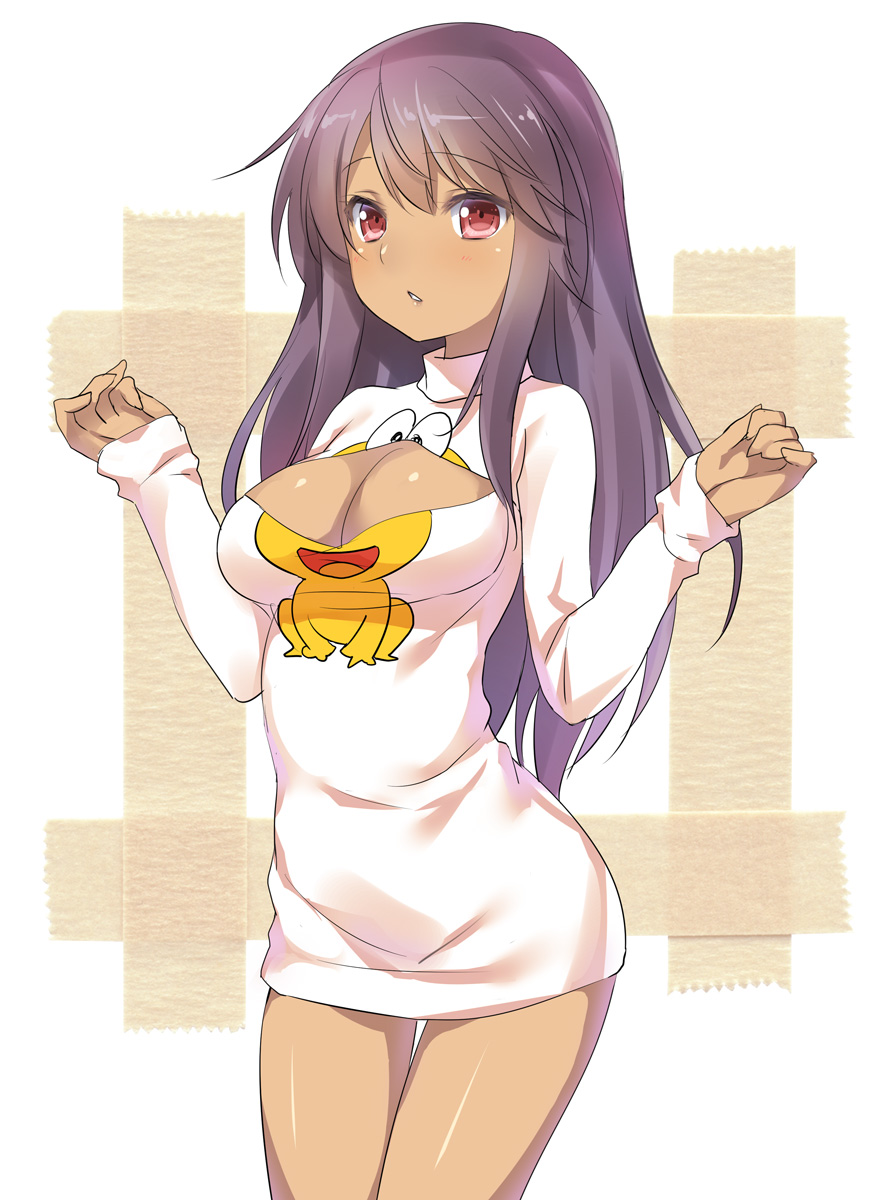 1girl, 47agdragon, animal_print, breasts, brown_hair, cleavage, cleavage_cutout, clothing_cutout, dark-skinned_female, dark_skin, dokonjou_gaeru, female_focus, frog_print, highres, long_hair, looking_at_viewer, medium_breasts, open-chest_sweater, original, pyonkichi, red_eyes, sketch, solo, sweater, thigh_gap, w_arms