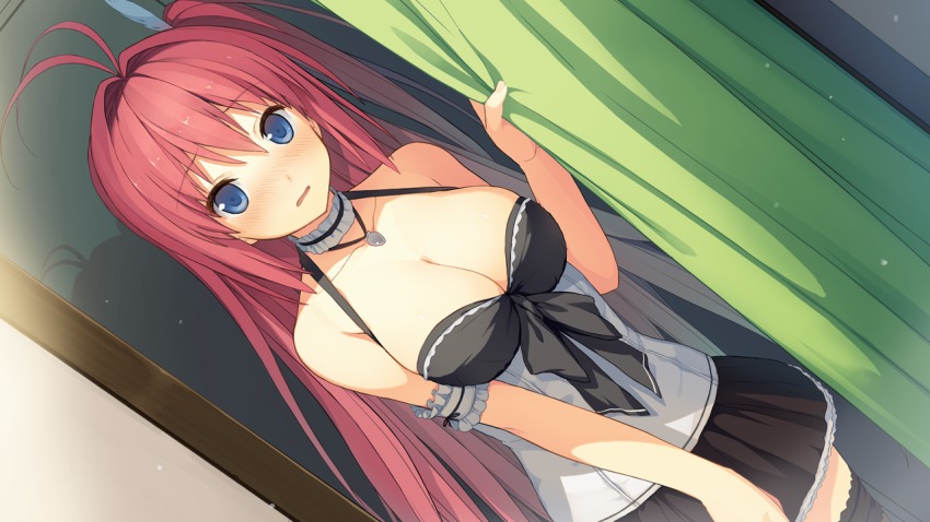 10s, 1girl, akinashi_yuu, ao_no_kanata_no_four_rhythm, arm_strap, bare_shoulders, blue_eyes, blush