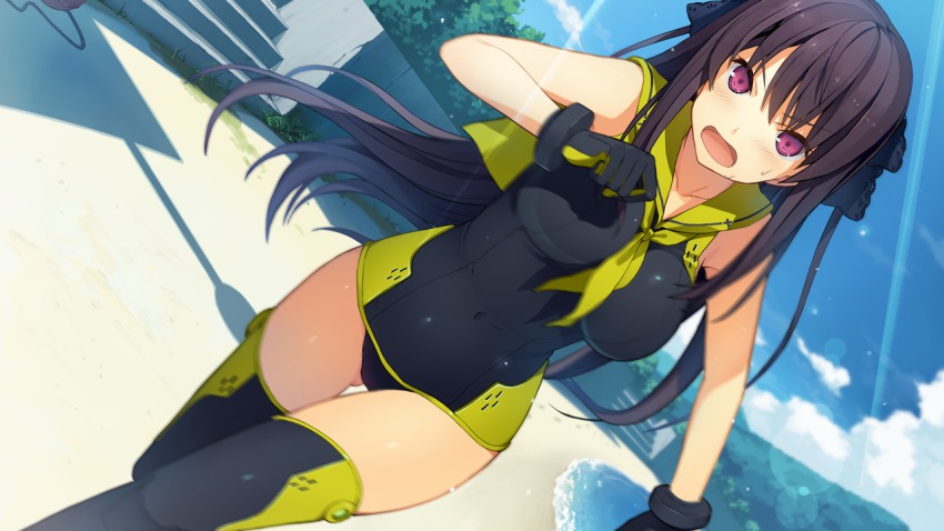 >:o, 10s, 1girl, :o, akinashi_yuu, ao_no_kanata_no_four_rhythm, beach, black_gloves