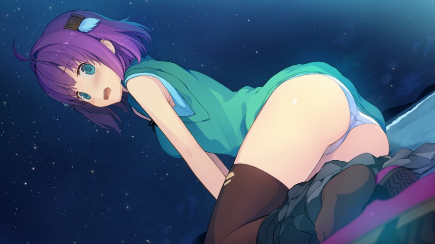 10s, 1girl, akinashi_yuu, ao_no_kanata_no_four_rhythm, aqua_eyes, ass, black_skirt, black_thighhighs, blue_eyes, blush, breasts, female_focus, game_cg, hair_ornament, ichinose_rika, legs, looking_back, night, open_mouth, outdoors, panties, pleated_skirt, purple_hair, short_hair, sitting, skirt, sky, solo, sprite_(company), star_(sky), star_(symbol), starry_sky, suzumori, thighhighs, thighs, underwear, unworn_skirt, white_panties
