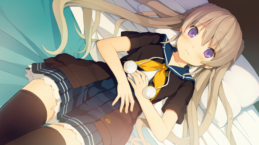 10s, 1girl, akinashi_yuu, ao_no_kanata_no_four_rhythm, arisaka_mashiro, bed, black_legwear, blonde_hair