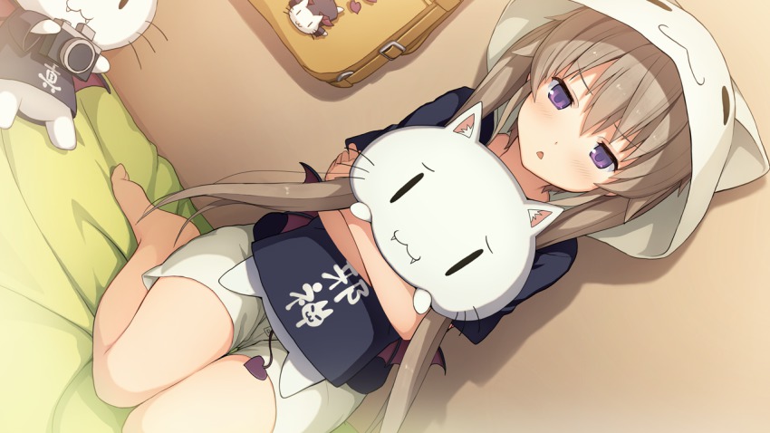 10s, 1girl, akinashi_yuu, ao_no_kanata_no_four_rhythm, arisaka_mashiro, barefoot, bed, blush