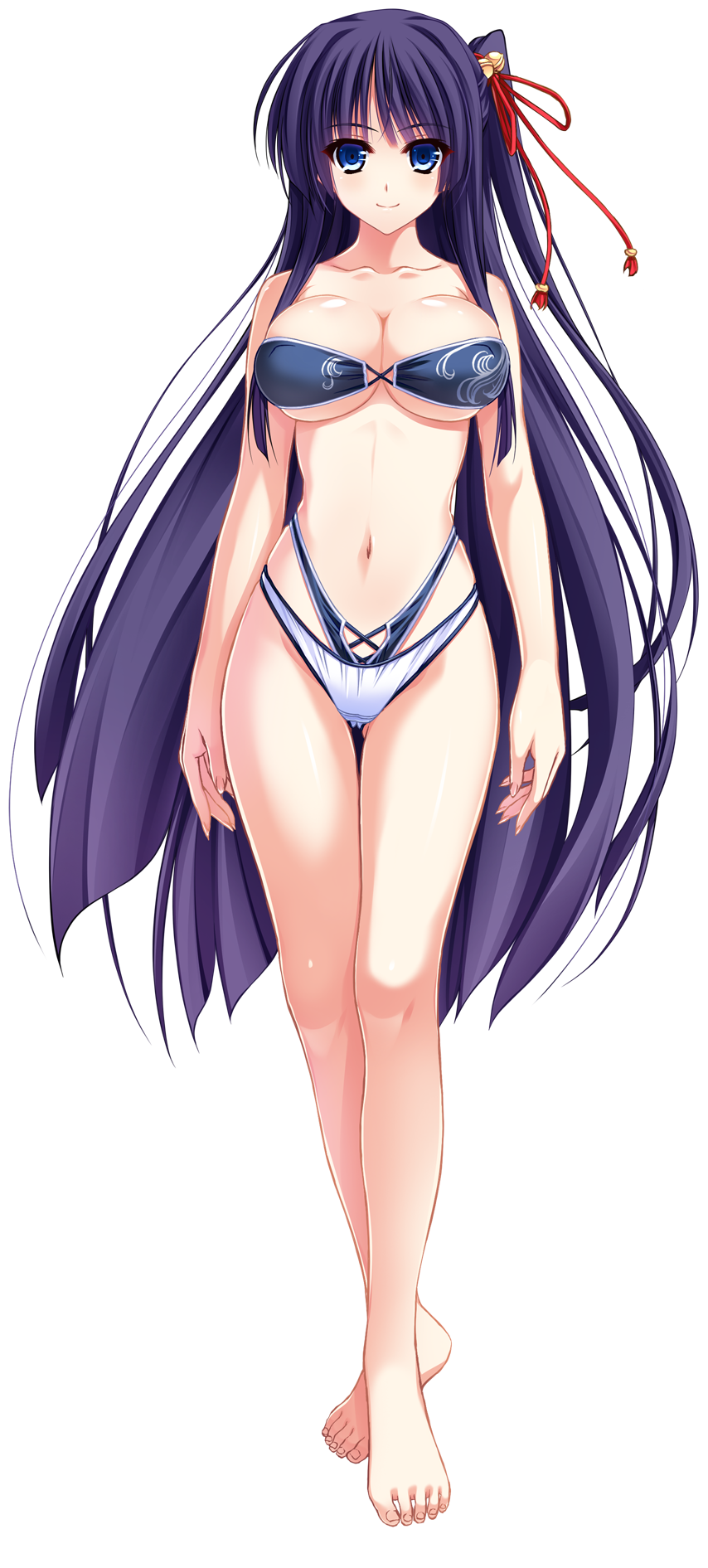 1girl, amasaka_takashi, barefoot, bell, bikini, blue_eyes, blue_hair, breasts