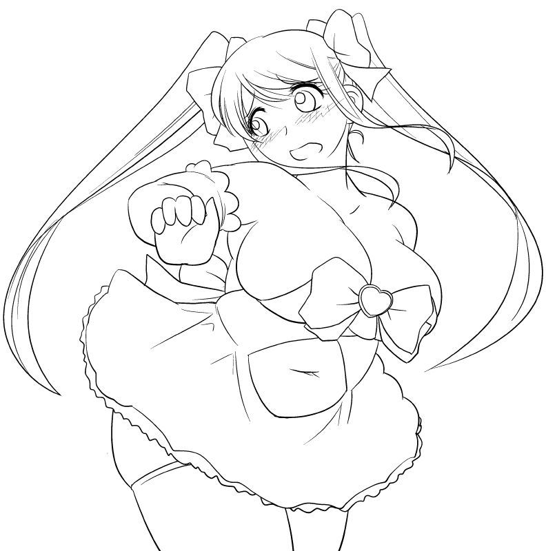 13988, 1girl, bare_shoulders, belly, blush, breasts, character_request, cleavage, dress, elbow_gloves, embarrassed, female_focus, gloves, greyscale, hair_ribbon, huge_breasts, looking_back, magical_girl, monochrome, navel, open_mouth, original, plump, ribbon, short_dress, sketch, solo, standing, strapless, strapless_dress, thick_thighs, thighhighs, thighs, twintails