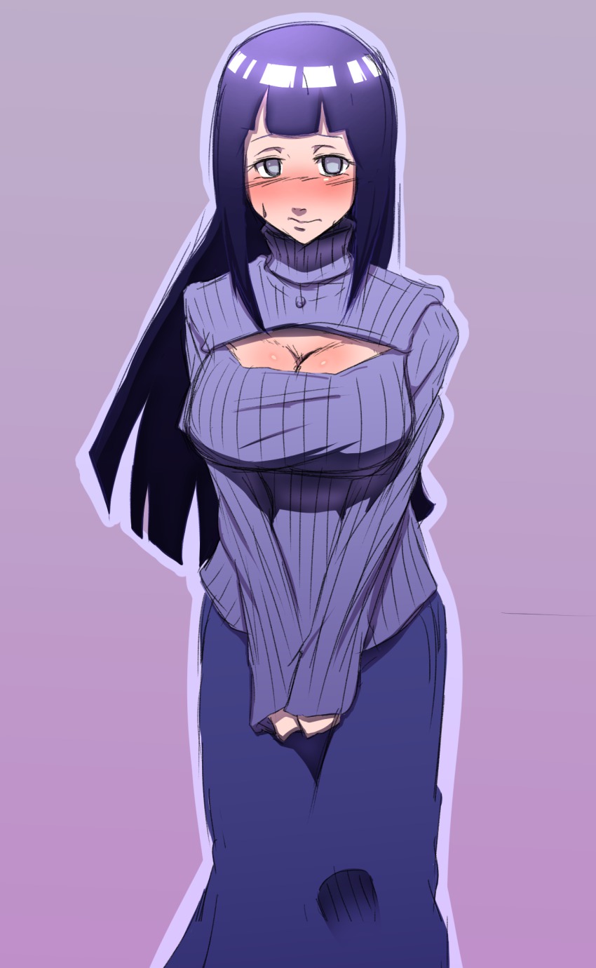 1girl, blush, breasts, cleavage, cleavage_cutout, clothing_cutout, female_focus, gradient_background, highres, hyuuga_hinata, large_breasts, long_hair, looking_at_viewer, naruto_(classic), naruto_(series), open-chest_sweater, purple_background, purple_hair, purple_theme, ribbed_sweater, ryu_miyako, skirt, solo, sweatdrop, sweater, turtleneck