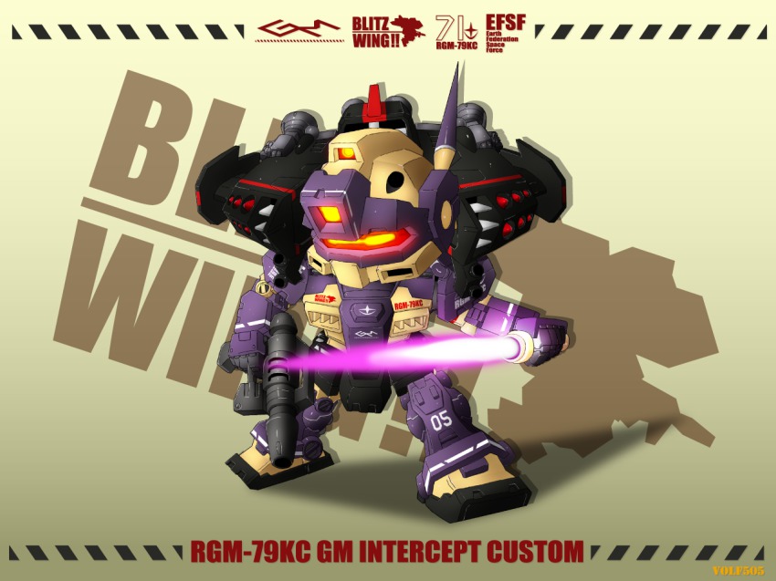 artist_name, character_name, chibi, dual_wielding, energy_sword, gm_interceptor_custom, gun, gundam, gundam_msv, holding, mecha, robot, sword, volf505, weapon