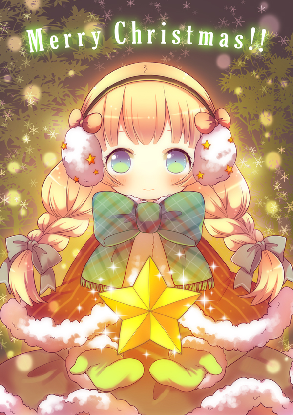 1girl, aqua_eyes, blonde_hair, blush, braid, capelet, child, christmas