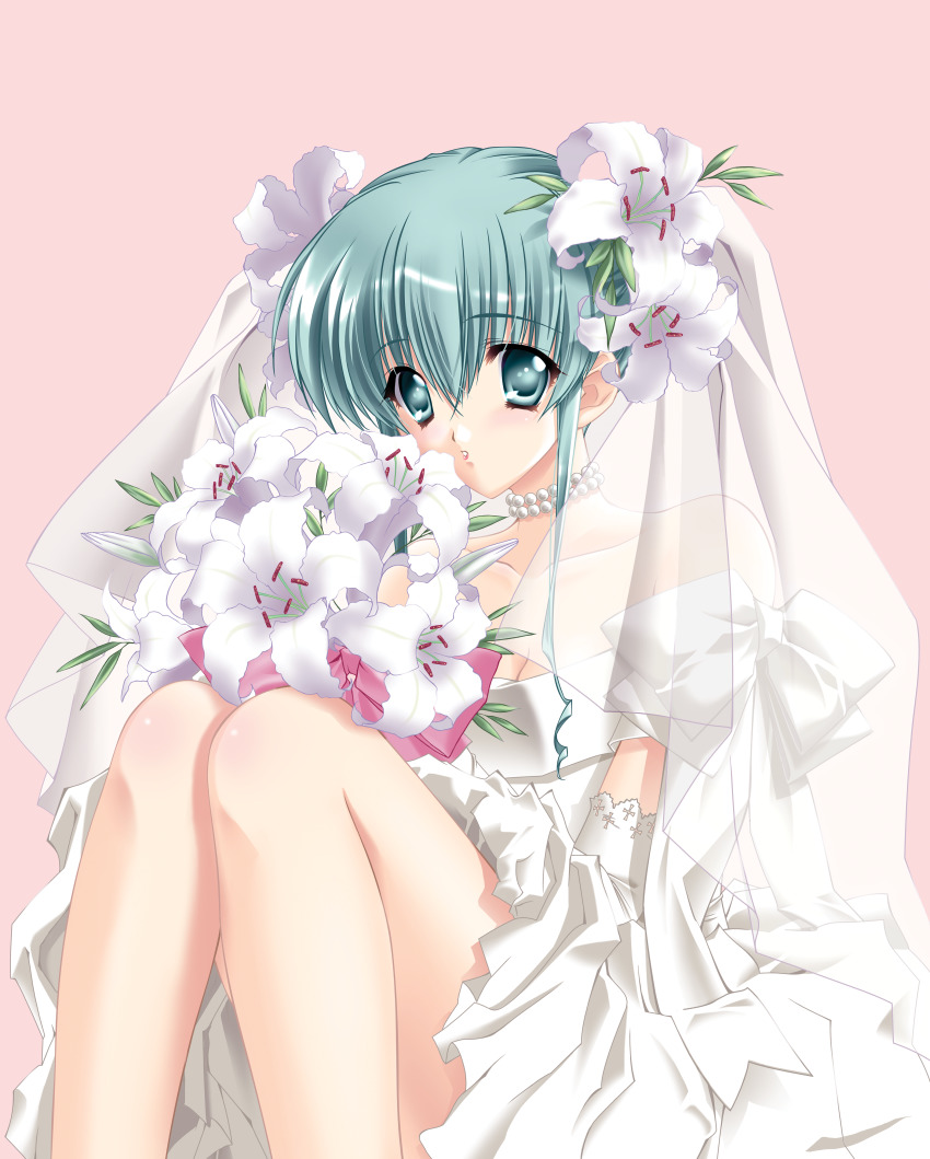 1girl, absurdres, bouquet, bride, carnelian, character_request, daylily, dress, elbow_gloves, female_focus, flower, gloves, highres, huge_filesize, jewelry, lily_(flower), megastore, necklace, pearl_necklace, pink_background, simple_background, solo, wedding, wedding_dress, white_flower