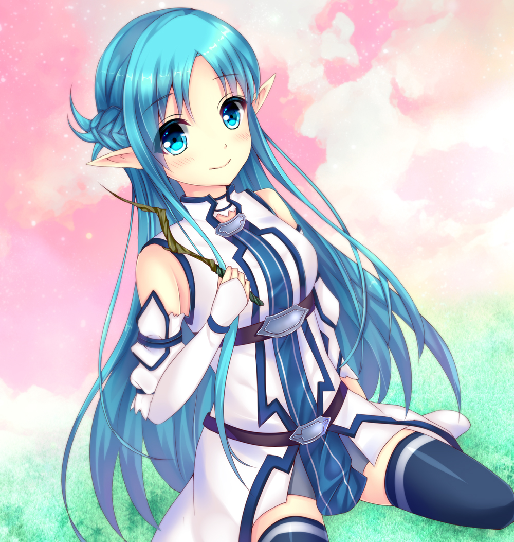 10s, 1girl, asuna_(sao), asuna_(sao-alo), blue_eyes, blue_hair, long_hair, pointy_ears