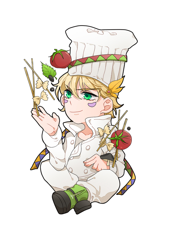 1boy, alternate_costume, blonde_hair, bowtie_pasta, caesar_anthonio_zeppeli, chef_hat, chef, facial_mark
