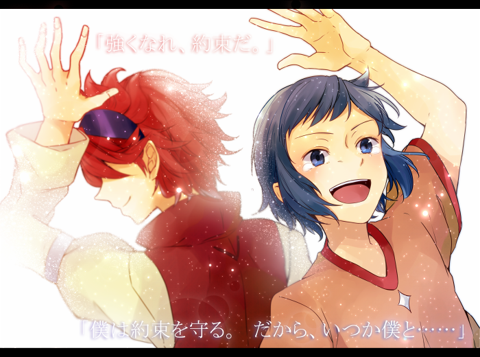 10s, 2boys, bad_id, bad_pixiv_id, blue_eyes, blue_hair, casual, eyewear_on_head