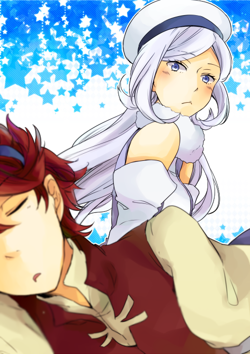 10s, 1boy, 1girl, aila_jyrkiainen, bad_id, bad_pixiv_id, beret, blue_eyes