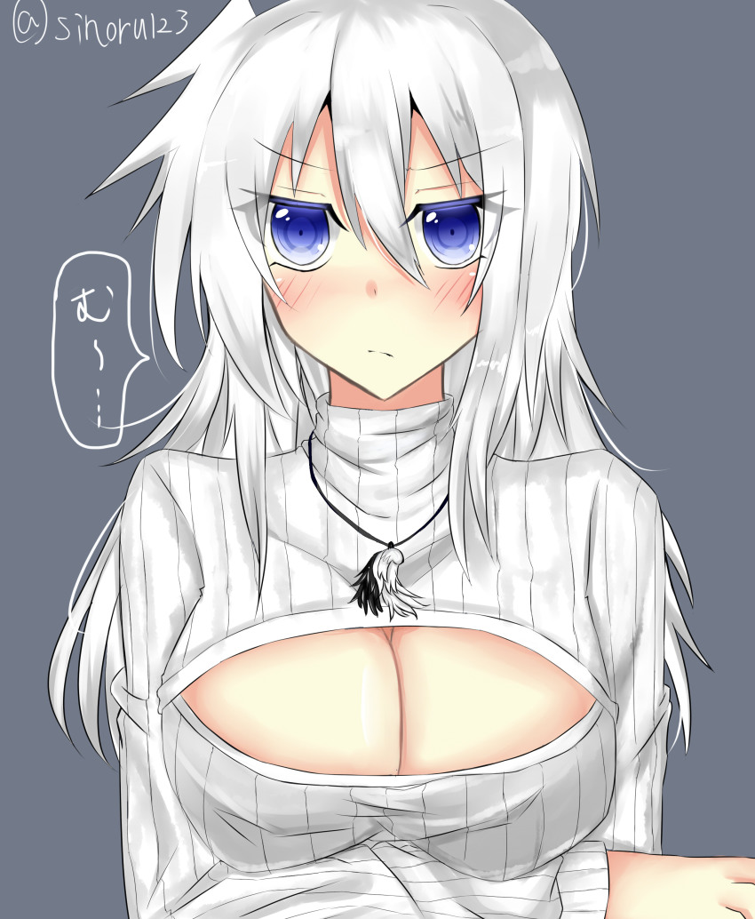 1girl, absurdres, blue_background, blue_eyes, blush, breast_hold, breasts, character_name, cleavage, cleavage_cutout, clothing_cutout, female_focus, highres, jewelry, kuro_wa_shinoru, large_breasts, long_hair, looking_at_viewer, necklace, open-chest_sweater, original, simple_background, solo, sweater, translation_request, white_hair