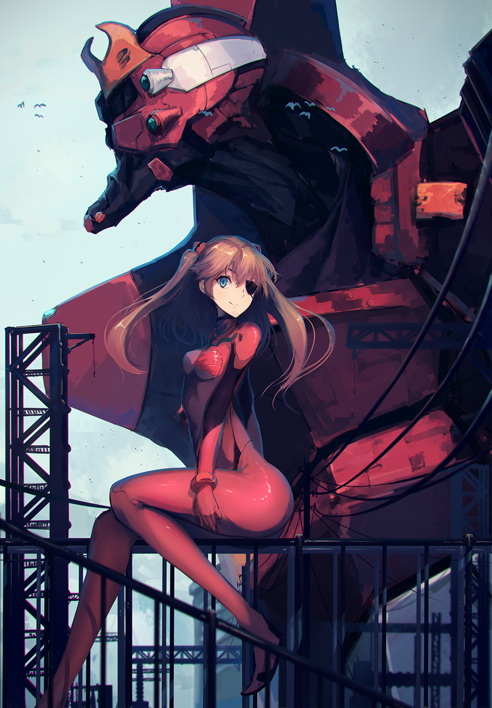 1girl, ass, bracer, cable, curvy, day, eva_02, evangelion:_3.0_you_can_(not)_redo