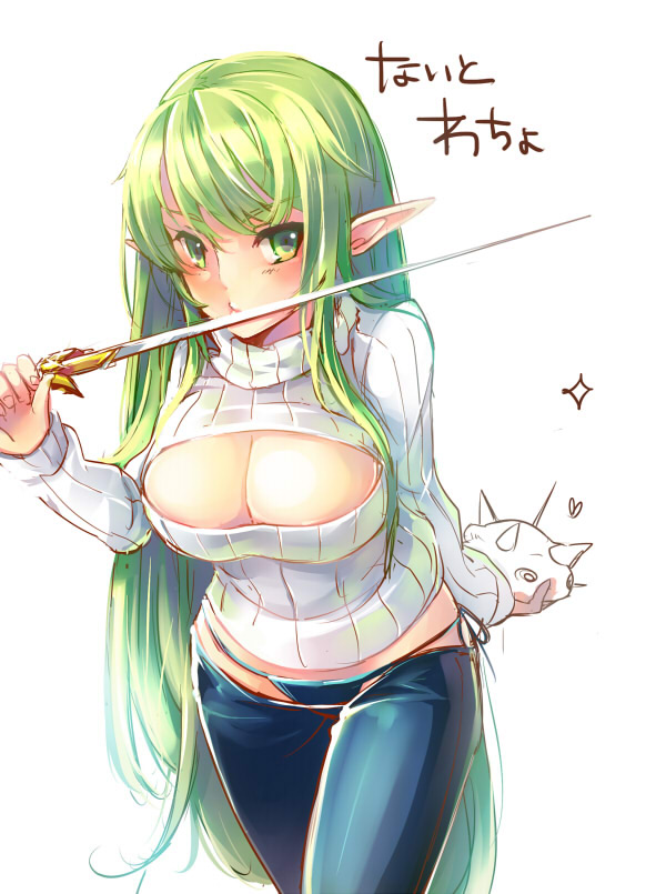 1girl, bad_id, bad_pixiv_id, bikini_jeans, blue_pants, breasts, casual, cleavage, cleavage_cutout, clothing_cutout, denim, elsword, female_focus, green_eyes, green_hair, icedango_(dpopic3), jeans, large_breasts, leaning_forward, long_hair, lowleg, lowleg_pants, matching_hair/eyes, open-chest_sweater, pants, pointy_ears, rapier, rena_erindel, ribbed_sweater, solo, standing, sweater, sword, thong, turtleneck, weapon, white_background