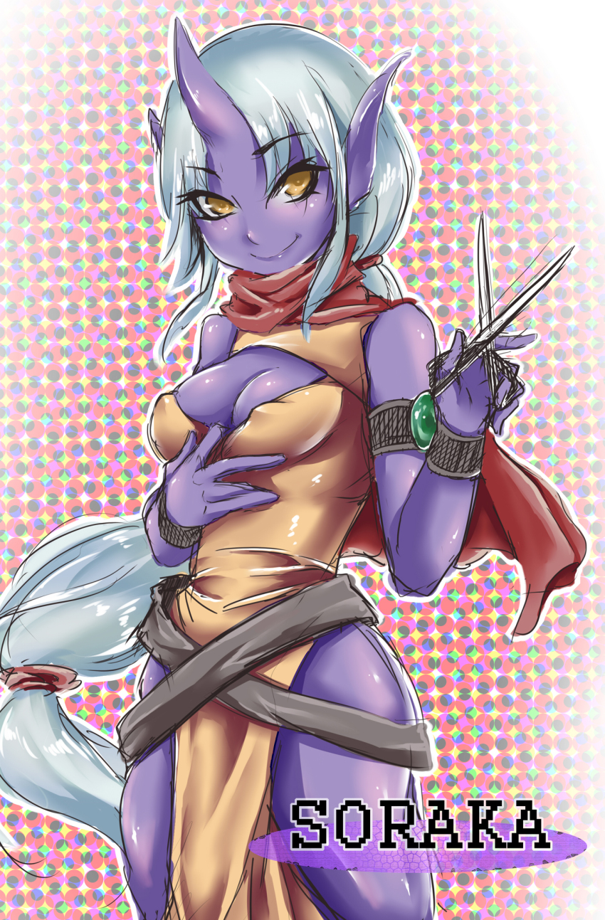1girl, bad_id, bad_pixiv_id, breasts, cleavage, colored_skin, highres, horns, kress, league_of_legends, long_hair, medium_breasts, open-chest_sweater, pointy_ears, ponytail, purple_skin, scissors, single_horn, soraka_(league_of_legends), sweater, very_long_hair, yellow_eyes