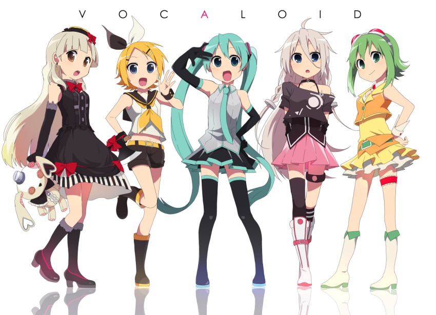 5girls, ahoge, aqua_hair, arisa_(aren), arm_up, bad_id, bad_pixiv_id, belt, black_footwear, blonde_hair, blue_eyes, boots, brown_eyes, choker, copyright_name, dress, earrings, elbow_gloves, gloves, goggles, goggles_on_head, green_eyes, green_hair, gumi, hair_ornament, hair_ribbon, hairclip, hand_on_own_hip, hatsune_miku, high_heels, ia_(vocaloid), jewelry, kagamine_rin, knee_boots, long_hair, mayu_(vocaloid), midriff, multiple_girls, necktie, open_mouth, piano_print, ribbon, short_hair, shorts, silver_hair, simple_background, single_thighhigh, skirt, stuffed_animal, stuffed_rabbit, stuffed_toy, thigh_boots, thighhighs, twintails, usano_mimi, very_long_hair, vocaloid, white_background, white_footwear, wrist_cuffs