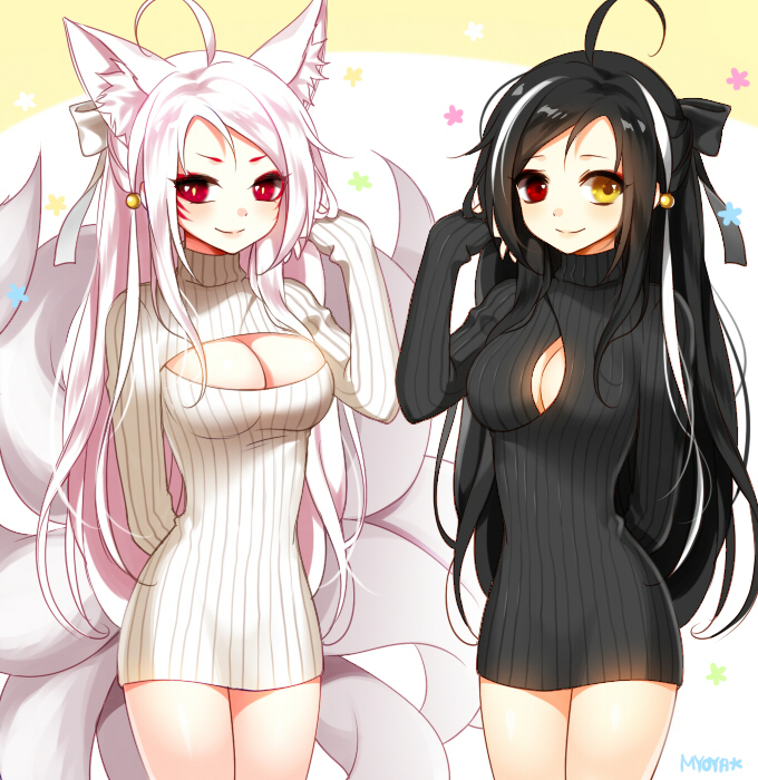 2girls, ahoge, albino, animal_ears, ara_haan, ara_han, asura_(elsword), black_hair, blush, bottomless, bow, breasts, cleavage, cleavage_cutout, clothing_cutout, dual_persona, elsword, eun_(elsword), fox_ears, hair_bow, half_updo, heterochromia, long_hair, looking_at_viewer, multicolored_hair, multiple_girls, multiple_tails, myoya, open-chest_sweater, red_eyes, smile, standing, streaked_hair, sweater, symmetry, tail, two-tone_hair, white_hair, yellow_eyes