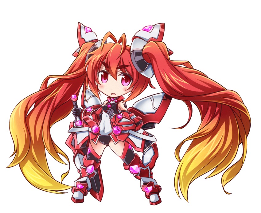 1girl, ahoge, antenna_hair, blonde_hair, blush, boots, chibi, female_focus, full_body, genderswap, genderswap_(mtf), gloves, gradient_hair, kubota_(pixiv), leotard, long_hair, mecha_musume, mitsuka_souji, multicolored_hair, no_nose, ore_twintail_ni_narimasu, red_eyes, red_hair, simple_background, solo, standing, sword, tailred, thigh_boots, thighhighs, twintails, weapon, white_background