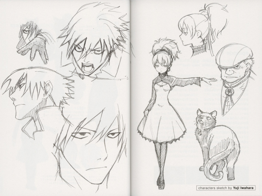 00s, 1girl, 2boys, black_cat, cat, darker_than_black, greyscale, hei_(darker_than_black)