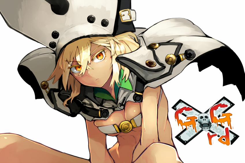 1girl, belt, belt_bra, berudora, blonde_hair, breasts, cape, cleavage, colored_eyelashes, copyright_name, dark-skinned_female, dark_skin, female_focus, guilty_gear, guilty_gear_xrd, hat, leaning_forward, long_hair, navel, orange_eyes, ramlethal_valentine, simple_background, skull, solo, underboob, white_background