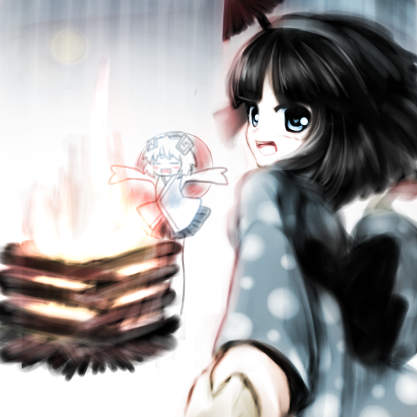 2others, amanomiya_jun, androgynous, anmita_(rarutos), arms_up, bad_id, bad_twitter_id, black_eyes, black_hair, blunt_bangs, campfire, cape, celeritas_lumen, grey_eyes, hakama, hakama_skirt, headset, holding_hands, japanese_clothes, len'en, looking_back, lumen_celeritas, multiple_others, ofuda, ofuda_on_head, open_mouth, polka_dot, shell, short_hair, skirt, smile, talisman, white_hair