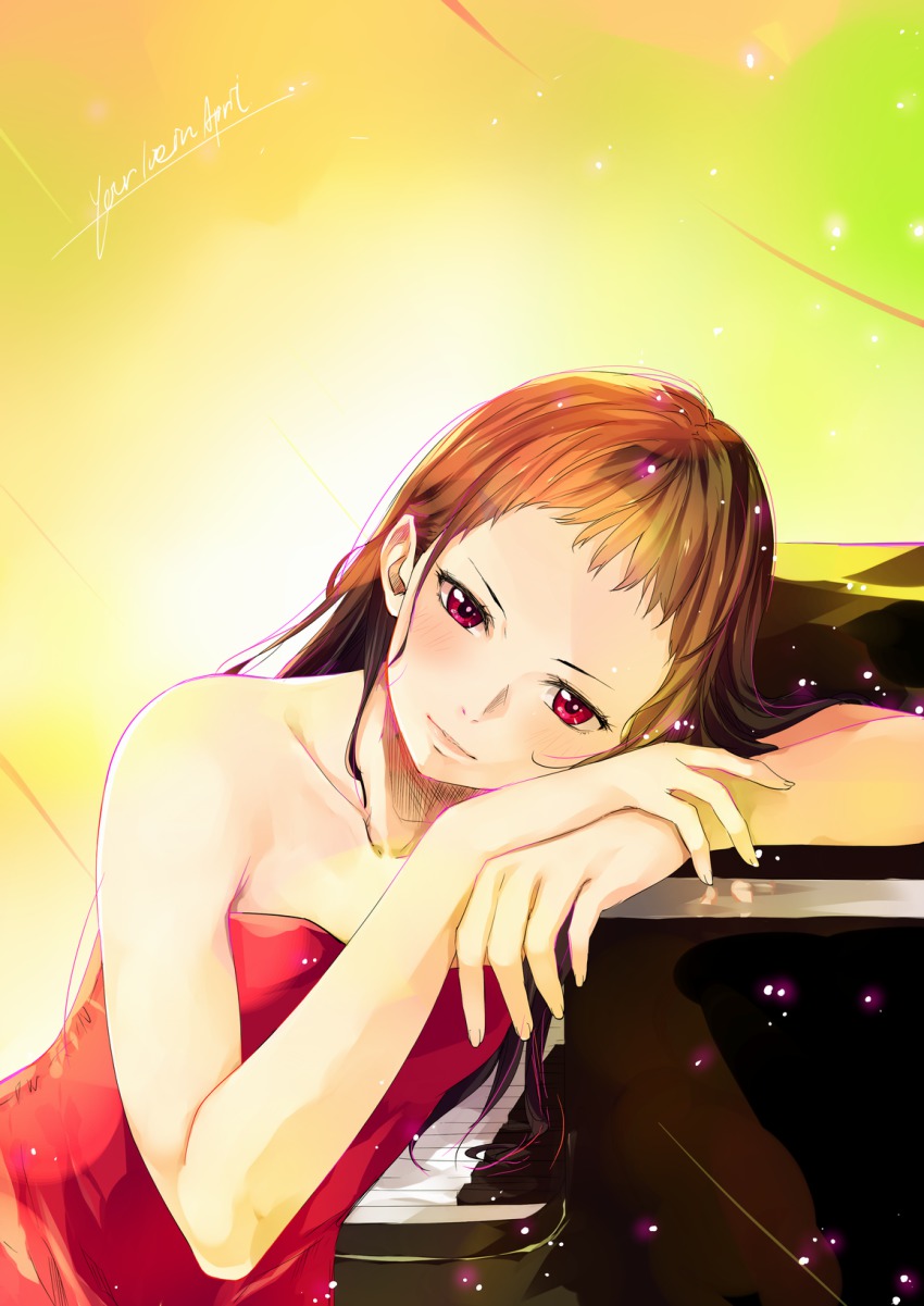 10s, 1girl, arios_(orochi_yuta), bare_shoulders, black_hair, collarbone, dress, female_focus, head_rest, highres, igawa_emi, instrument, piano, purple_eyes, shigatsu_wa_kimi_no_uso, smile, solo, strapless, strapless_dress