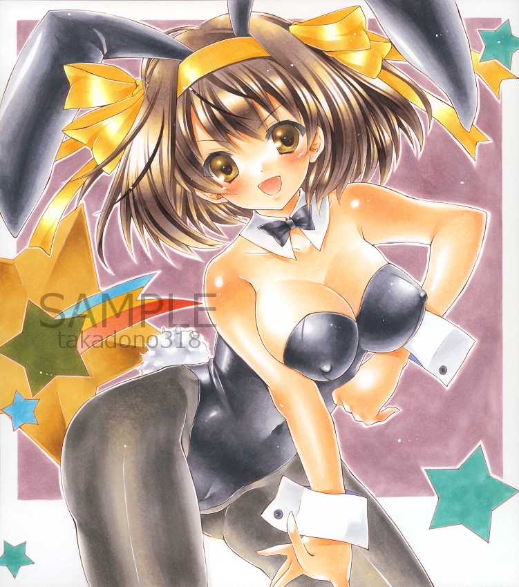 1girl, animal_ears, bow, bowtie, breasts, brown_eyes, brown_hair, covered_erect_nipples, detached_collar, fake_animal_ears, female_focus, large_breasts, marker_(medium), pantyhose, playboy_bunny, rabbit_ears, rabbit_tail, sample_watermark, short_hair, solo, star_(symbol), suzumiya_haruhi, suzumiya_haruhi_no_yuuutsu, tail, takadono318, traditional_media, watermark, wrist_cuffs