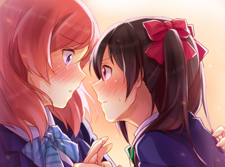10s, 2girls, black_hair, blazer, blue_bow, blue_bowtie, blush, bow, bowtie, full-face_blush, green_bow, green_bowtie, imminent_kiss, jacket, long_sleeves, love_live!, love_live!_school_idol_project, multiple_girls, nishikino_maki, portrait, profile, purple_eyes, red_eyes, red_hair, shiitake_(artist), twintails, upper_body, yazawa_nico, yuri