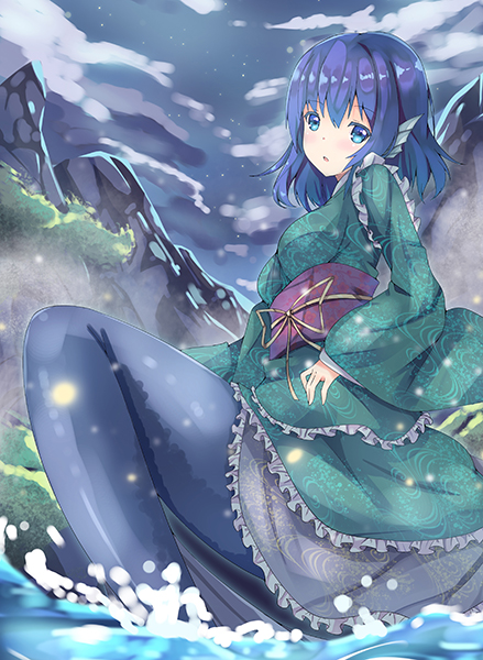 1girl, blue_eyes, blue_hair, cloud, cloudy_sky, erimu, female_focus, fins
