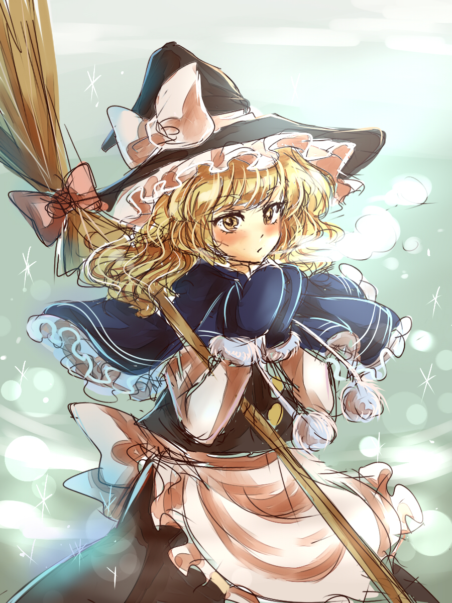 1girl, apron, blonde_hair, bow, broom, capelet, dress, hat