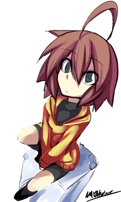 1girl, ahoge, bike_shorts, brown_hair, female_focus, from_above, hood, hoodie, huge_ahoge, linne_(under_night_in-birth), looking_up, nayakaiser, orange_shirt, shirt, short_hair, sitting, solo, under_night_in-birth
