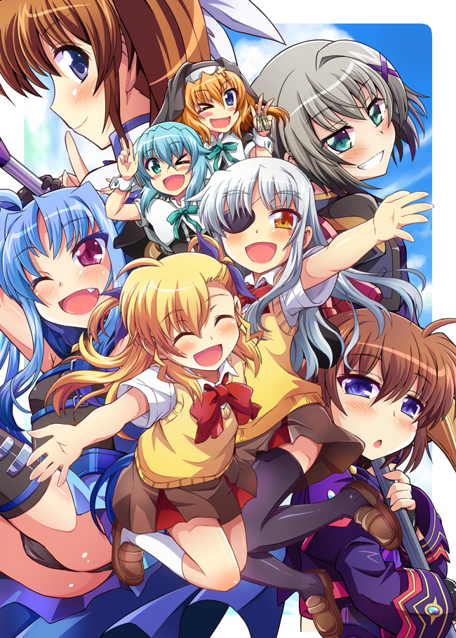 >_o, 10s, 6+girls, :d, ;d, black_legwear, blonde_hair, blue_eyes