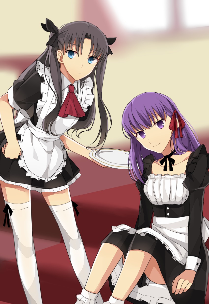 2girls, alternate_costume, bad_id, bad_pixiv_id, blue_eyes, enmaided, fate/stay_night, fate_(series), guroto, hair_ribbon, highres, long_hair, long_legs, maid, matou_sakura, multiple_girls, purple_eyes, purple_hair, ribbon, siblings, sisters, thighhighs, tohsaka_rin, two_side_up, white_legwear, zettai_ryouiki