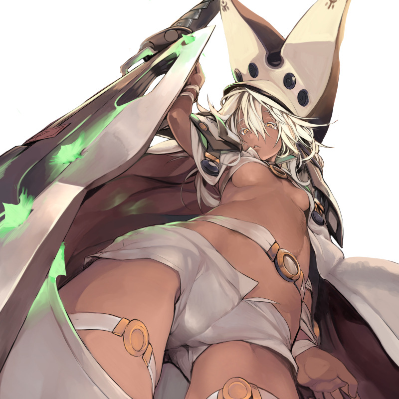 1girl, akahoshi_kenji, belt, breasts, cloak, dark_skin, dark-skinned_female, female_focus, from_below, guilty_gear, guilty_gear_xrd, hat, looking_at_viewer, looking_down, midriff, navel, orange_eyes, ramlethal_valentine, short_shorts, shorts, small_breasts, solo, sword, underboob, weapon, white_hair