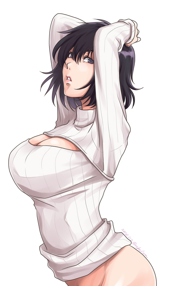 1girl, arms_up, bad_id, bad_pixiv_id, black_hair, bottomless, breasts, chain_sumeragi, cleavage, female_focus, fujishiro_kanae, kekkai_sensen, large_breasts, looking_at_viewer, naked_sweater, open-chest_sweater, parted_lips, purple_eyes, rebelizm, ribbed_sweater, short_hair, simple_background, solo, sweater, turtleneck, white_background
