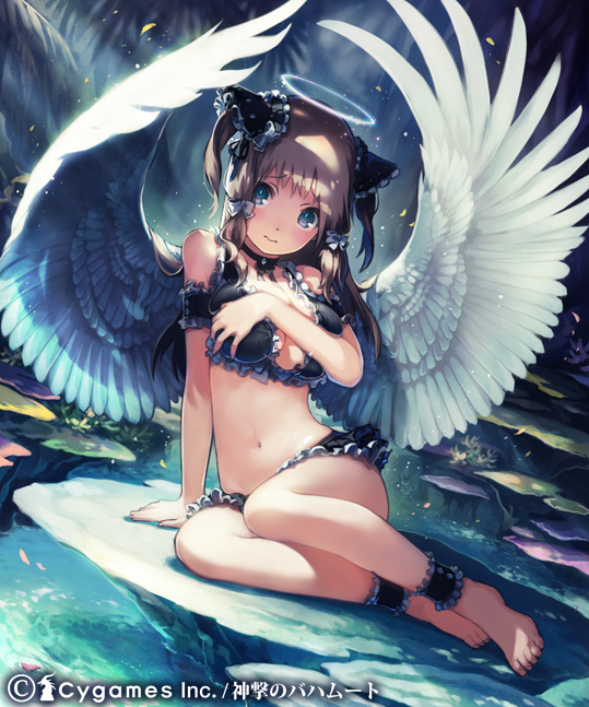 10s, 1girl, angel_wings, ankle_cuffs, ankle_garter, arm_cuffs, arm_garter, arm_support, bad_id, bad_pixiv_id, bare_shoulders, barefoot, bikini, black_bikini, black_hair, blue_eyes, blush, breasts, choker, covering_breasts, covering_privates, embarrassed, female_focus, frilled_bikini, frills, halo, looking_at_viewer, matsushita_mino, navel, official_art, shingeki_no_bahamut, sitting, solo, swimsuit, twintails, watermark, white_wings, wings, yokozuwari