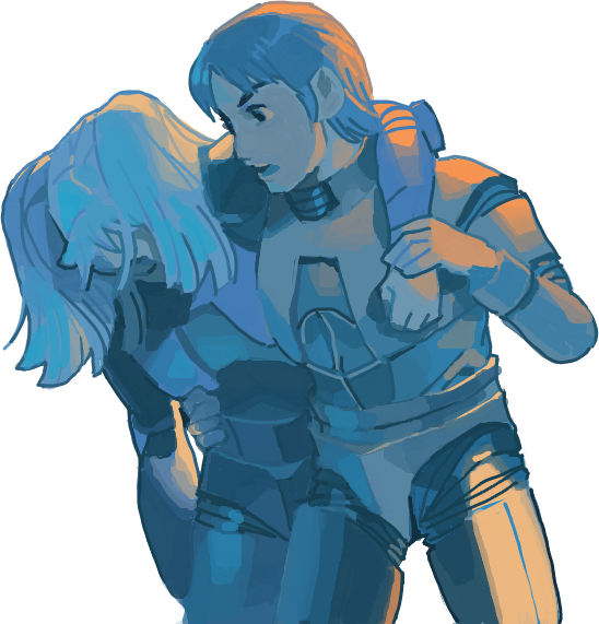 1boy, 1girl, carrying, densetsu_kyojin_ideon, injury, kasha_imhof, pilot_suit, sarmat