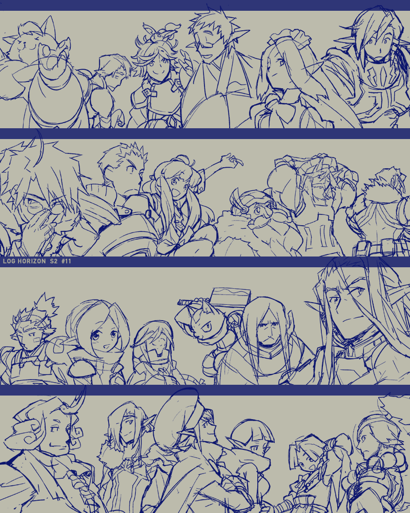 10s, 6+boys, 6+girls, annotated, armor, azalea_(log_horizon), beard, bolognesemaster_(log_horizon)