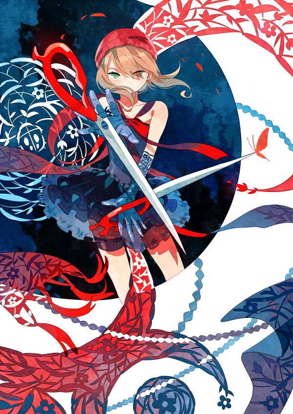 1girl, beanie, brown_hair, female_focus, getiao, hat, ningen_series, scissors