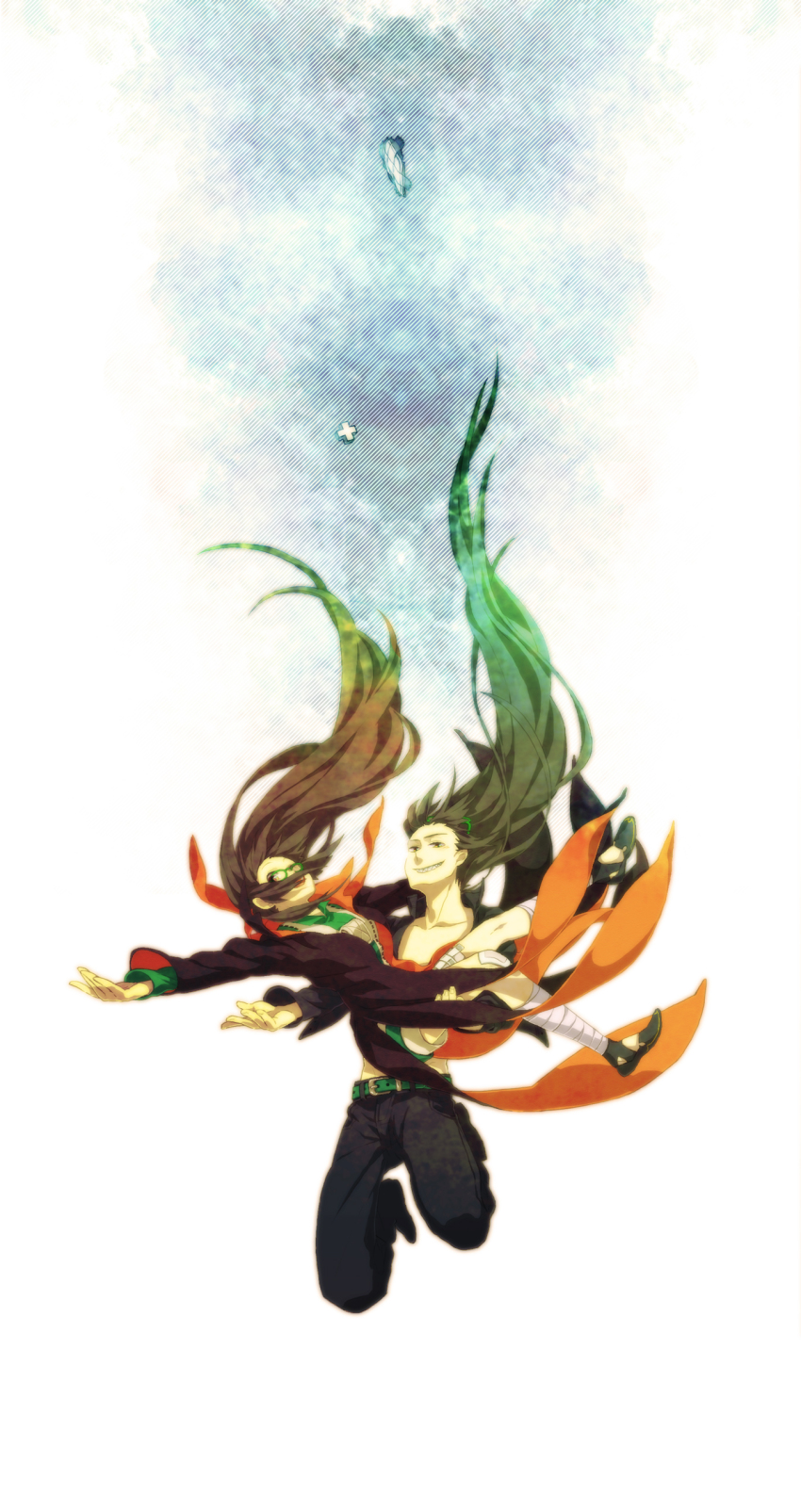 1boy, 1girl, absurdres, bandages, black_hair, carrying, falling, genderswap