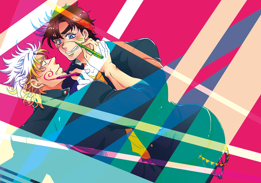 2boys, bad_id, bad_pixiv_id, blonde_hair, brown_hair, caesar_anthonio_zeppeli, cityofsodom, colorful