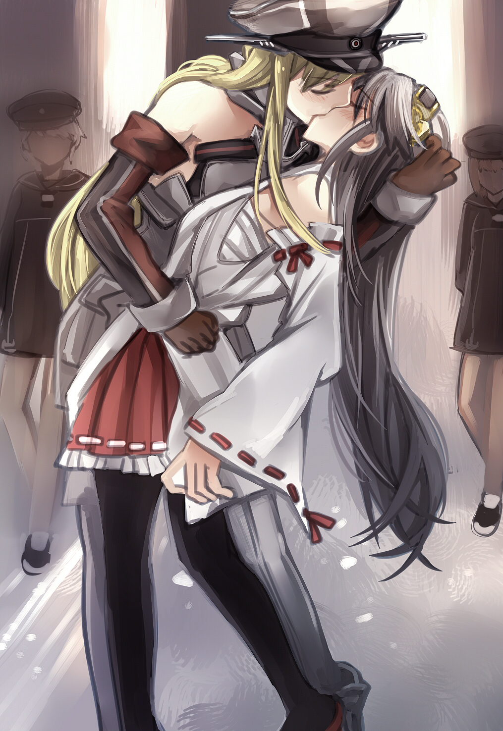 4girls, bai_lao_shu, bare_shoulders, bismarck_(kancolle), black_hair, blonde_hair, boots, detached_sleeves, hairband, haruna_(kancolle), hat, highres, irony, japanese_clothes, kantai_collection, kiss, long_hair, multiple_girls, nontraditional_miko, parody, peaked_cap, sarashi, thigh_boots, thighhighs, v-j_day_in_times_square, yuri, z1_leberecht_maass_(kancolle), z3_max_schultz_(kancolle)