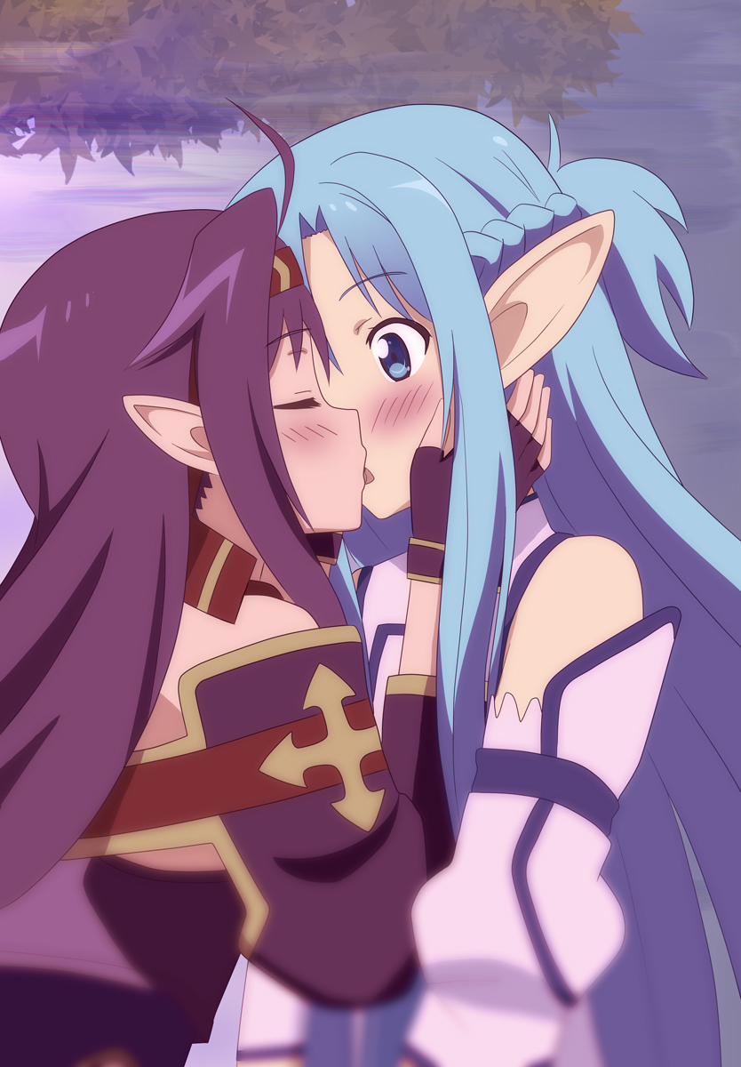 10s, 2girls, asuna_(sao), asuna_(sao-alo), blue_eyes, blue_hair, blush, closed_eyes, fingerless_gloves, gloves, hairband, highres, kiss, long_hair, multiple_girls, pakigol, pointy_ears, purple_hair, sword_art_online, yuri, yuuki_(sao)
