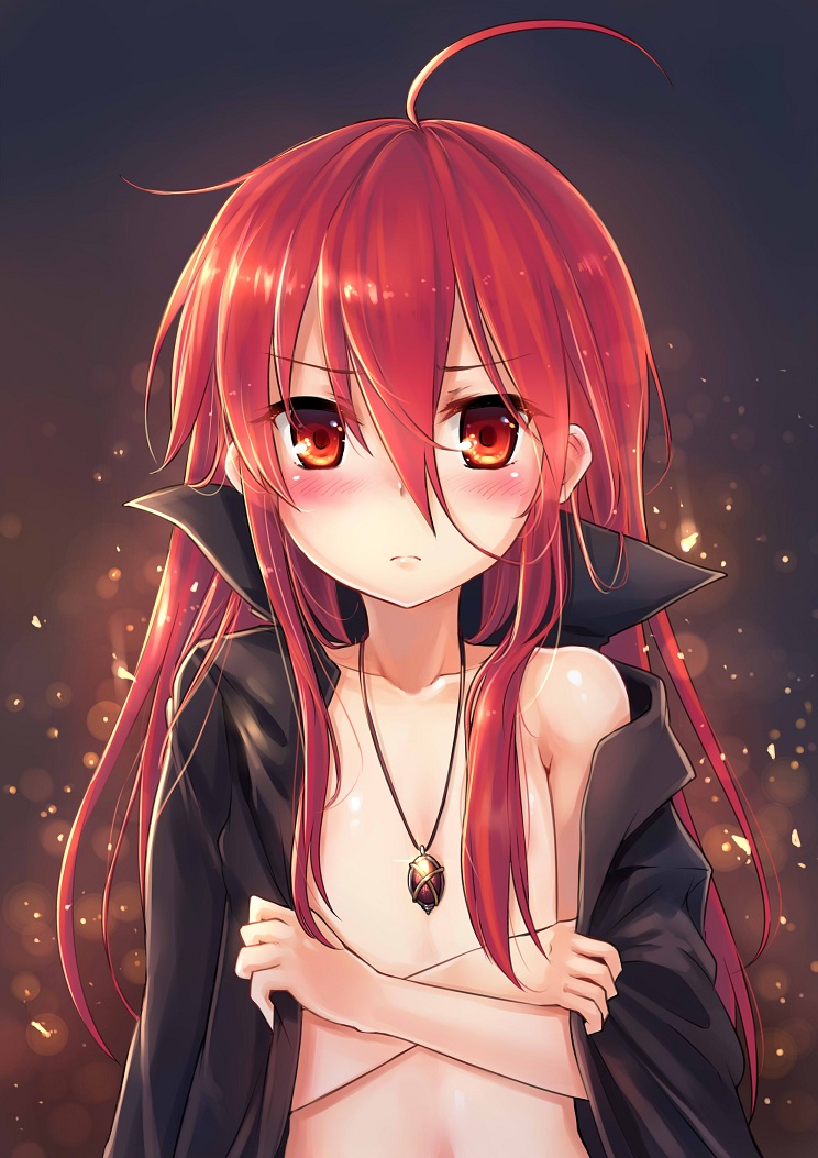 1girl, ahoge, alastor_(shakugan_no_shana), bare_shoulders, blush, cape, coat, collarbone
