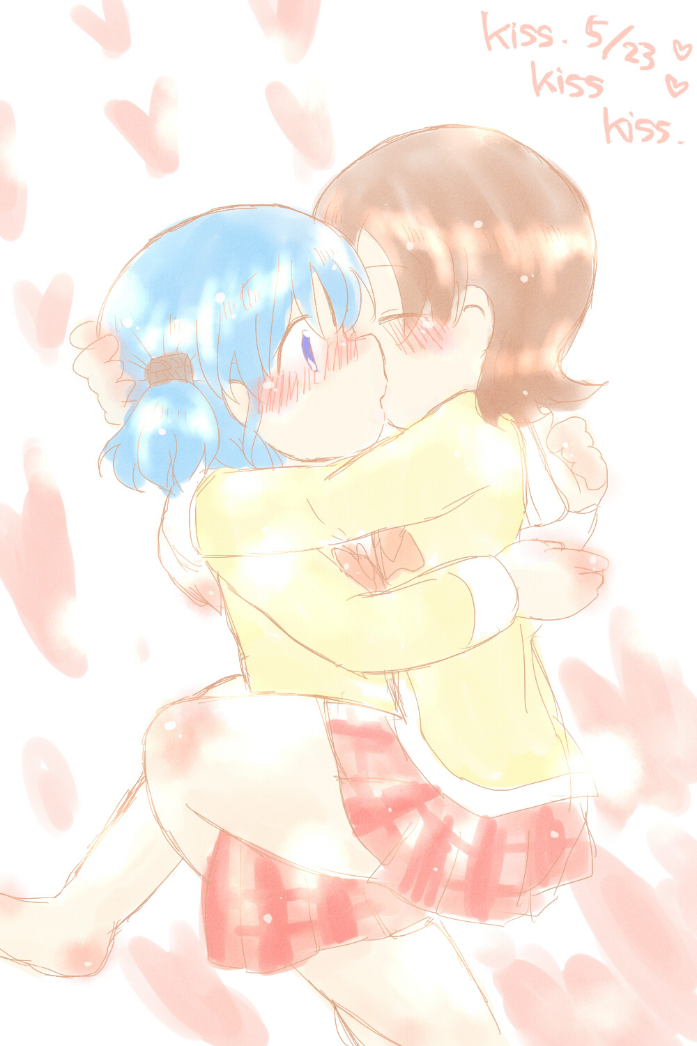 2girls, aioi_yuuko, bad_id, bad_pixiv_id, barefoot, blue_eyes, blue_hair, blush, bow, bowtie, brown_hair, checkered_clothes, checkered_skirt, close-up, closed_eyes, cowboy_shot, from_side, hair_ornament, highres, hug, kiss, long_sleeves, multiple_girls, naganohara_mio, nichijou, one_side_up, plaid_clothes, plaid_skirt, profile, red_bow, red_bowtie, red_skirt, school_uniform, scrunchie, shinonome_pinano, simple_background, skirt, tokisadame_school_uniform, upper_body, yuri